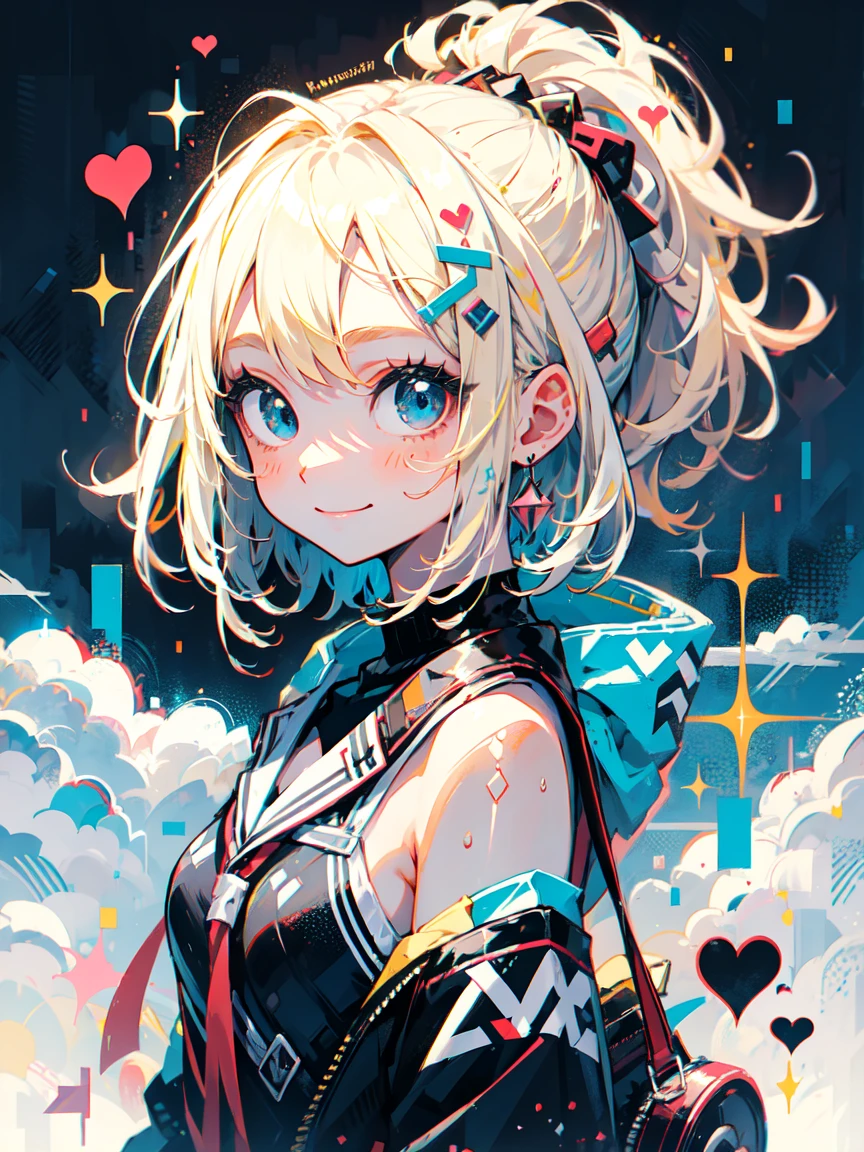 anime girl looking au viewer, cute, smilling, shy, blue eyes, blonde, short hair, ponytail, showing shoulders