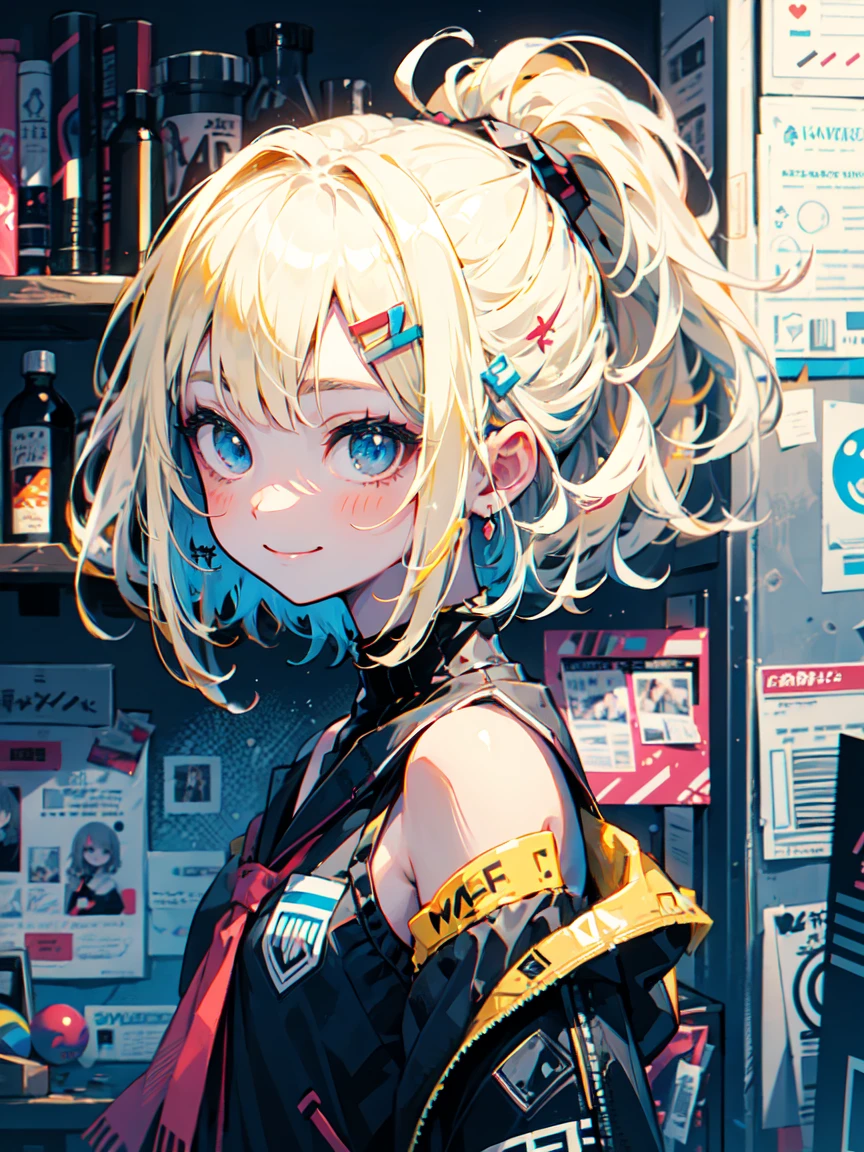 anime girl looking au viewer, cute, smilling, shy, blue eyes, blonde, short hair, ponytail, showing shoulders