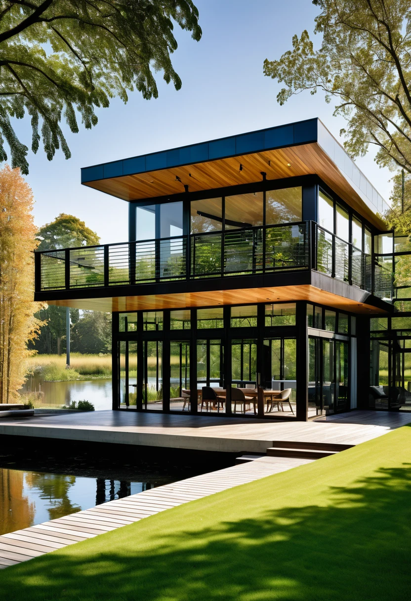 contemporary house with steel, wood and concrete structure, large glass windows, brise-brise style windows, deck overlooking a large duck pond