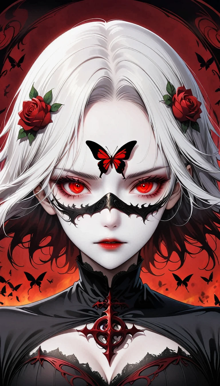 a silhouette of a vague presence, bright white eyes, red background, all black spikes hair, a silhouette of a vague presence, Fully white glowing eyes, red background, all black spikes，red rose，Fire  butterflys, sexy