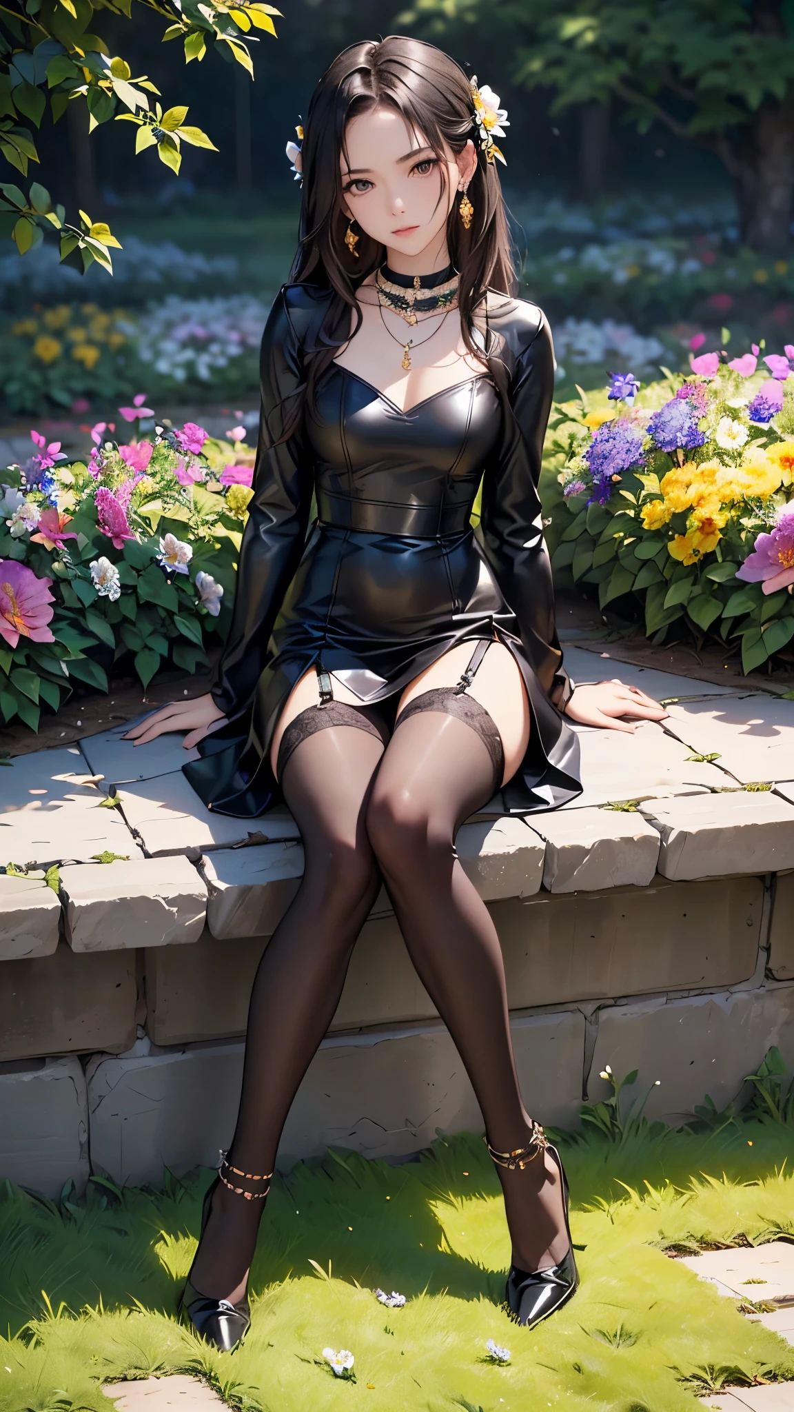((Biologically correct limb count))、((Full Body Shot, Full-body photo including face、Head to toe photos))、4K、masterpiece、((Focus on the face))、((Symmetrical facial features))、Eyes of meticulous depiction、One beautiful woman、Excellent style、(Black garter stockings、High heels with anklets）、Detailed Description、Small earrings、necklace、（Low - Angle）(((The background is a flower bed in full bloom)))、Sitting on a bench、((Leather Dresses))、Looking back