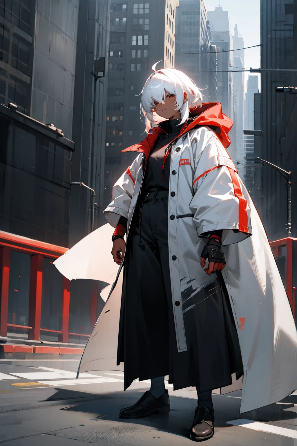 1female, white hair, dark skin, hair over eyes, messy hair, red oversized coat, black baggy shirt, bandaged coat, black pants, city background, detailed background, hands to side, standing on path