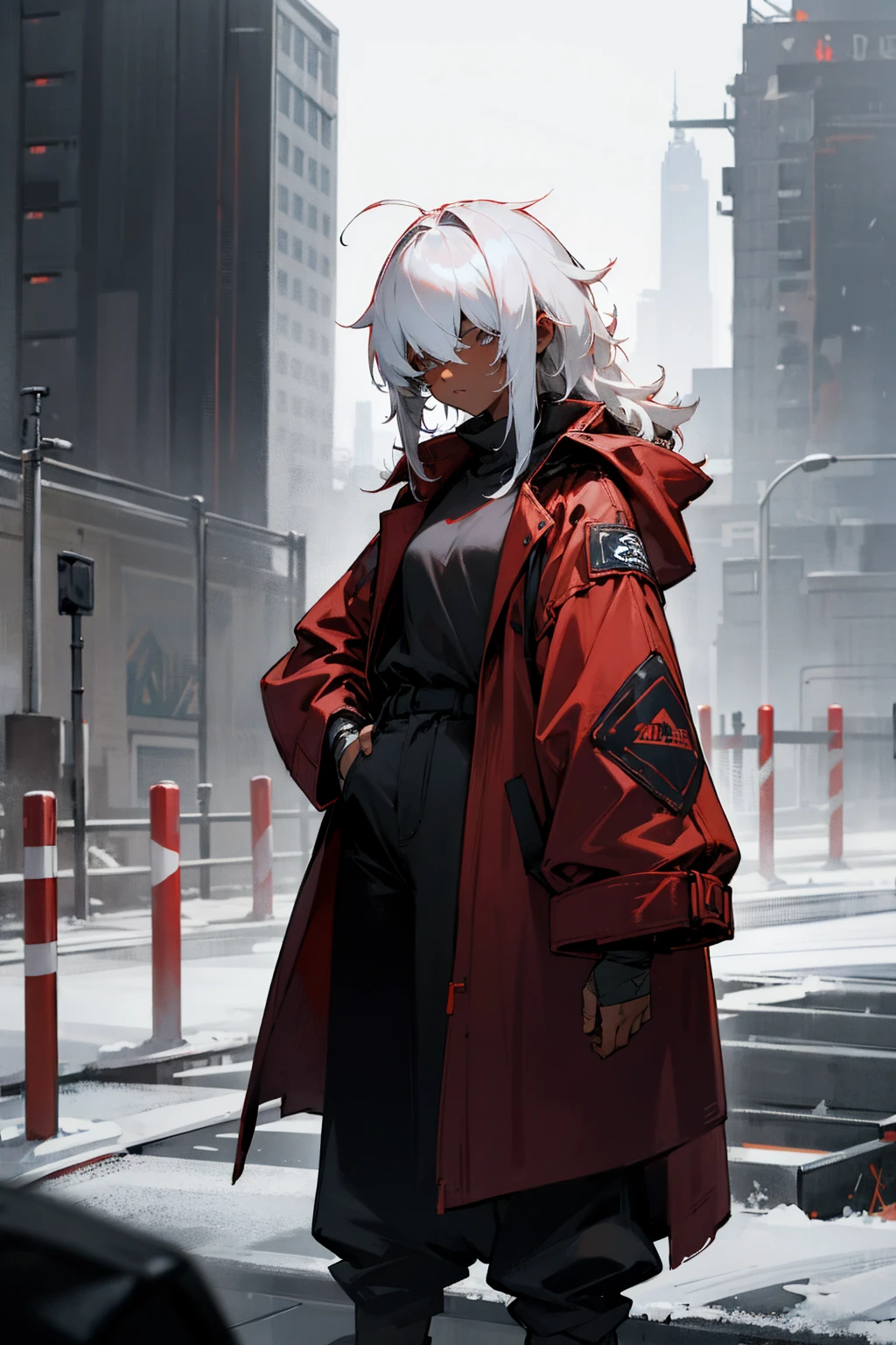 1female, white hair, dark skin, hair over eyes, messy hair, red oversized coat, black baggy shirt, bandaged coat, black pants, city background, detailed background, hands to side, standing on path