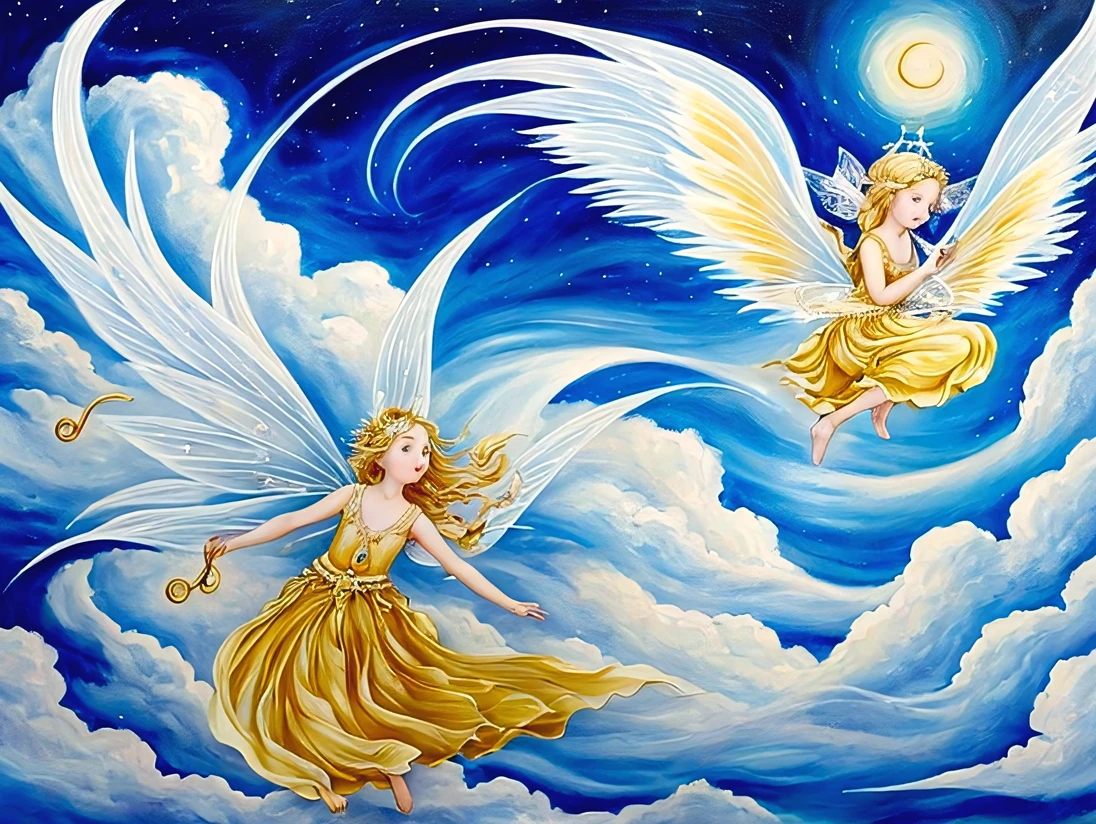 Wind art, the painting is painted by the wind and white clouds on a clear canvas of light blue sky, kind fairy-tale angels play magical divine music on golden musical instruments, music flows in waves of sound and touches everything and awakens life and light, magically, beautifully, a masterpiece, a fascinating sight
