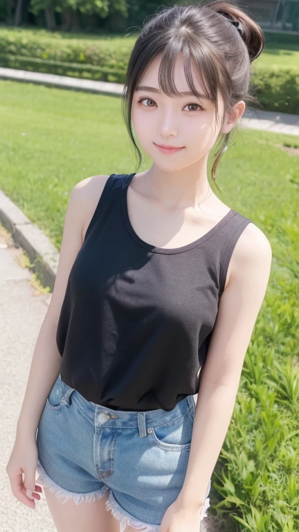((Highest quality)), ((masterpiece)), (detailed), 8K,Realistic、High definition、high resolution、Real、((Two Girls))、Japanese、Outdoor、blue sky、Are standing、smile、A good friend、Young face、21 years old、Heavy makeup、Sleeveless cute clothes、Shorts、Bend over and peer at me、Looking up、Black Hair、ponytail、