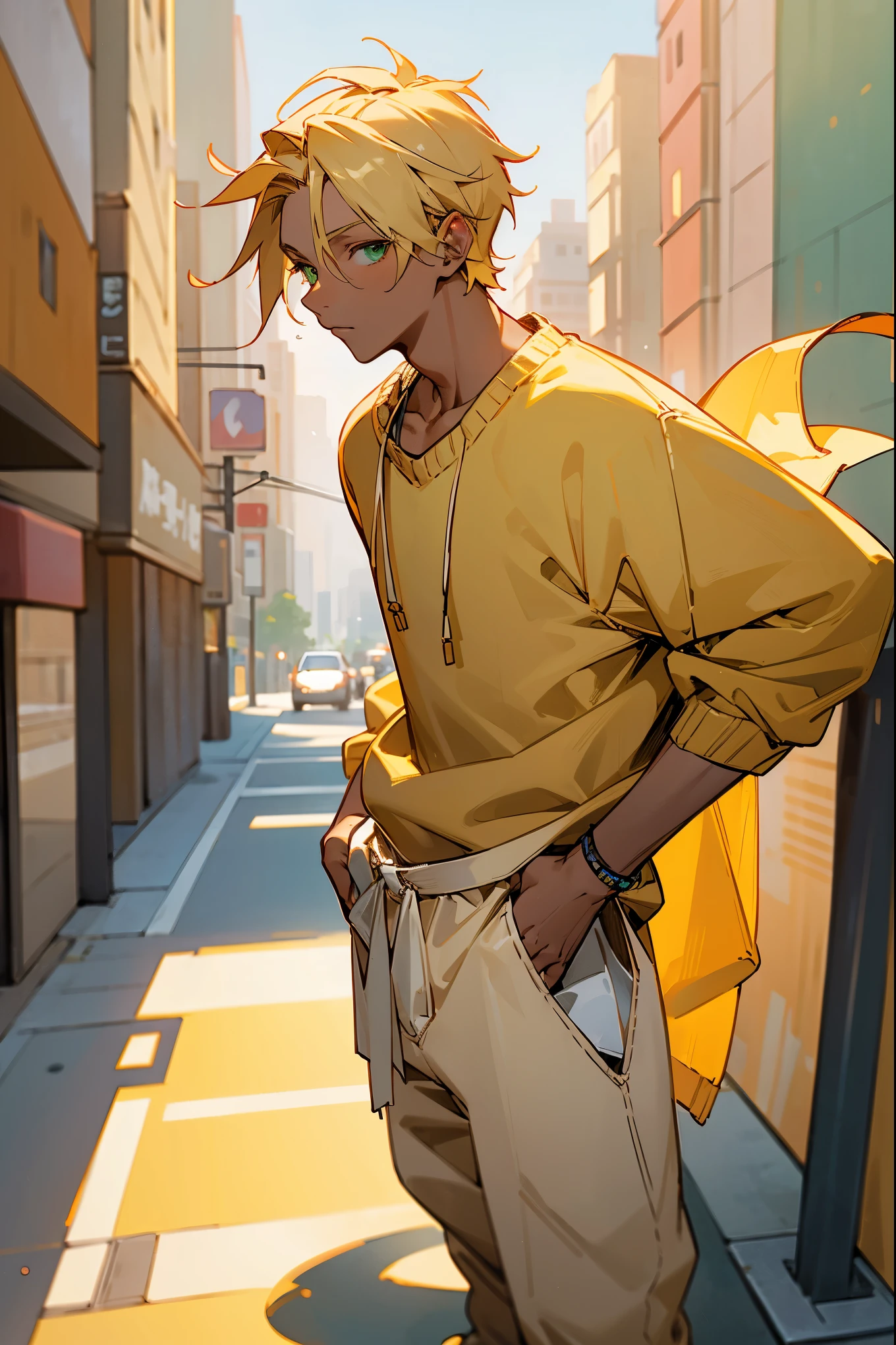 1male, tan skin, blonde hair, pulled back hair, hair band, green eyes, yellow oversized sweater, white baggy pants, city background, detailed background, hands to side, standing on path