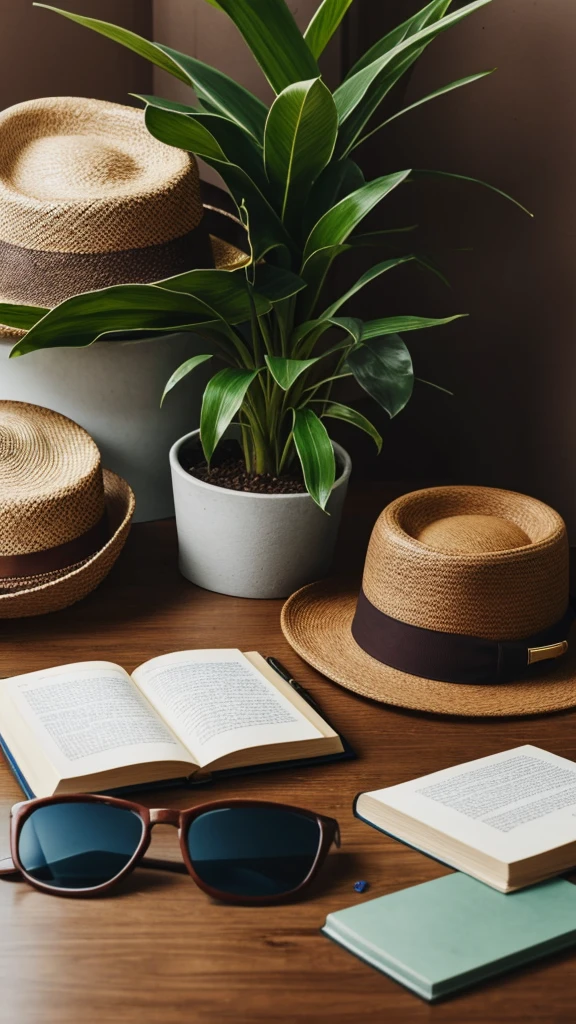 a sunglass , kept inside a brown hat , on a table, a book kept beside it, a pen and a flower pot,ultrarealistic ,highest quality