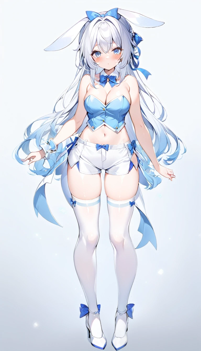 1girl, animal ears, bare shoulders, blue bow, blue eyes, blush, bow, bowtie, breasts, cleavage, detached collar, full body, gradient, gradient background, grey background, hair bow, high heels, without sleeves, looking at viewer, medium breasts, midriff, navel, open clothes, rabbit ears, shoes,  short shorts, shorts, solo, standing, stomach, strapless, thighhighs, thighs, white footwear, white long hair, white shorts, white thighhighs