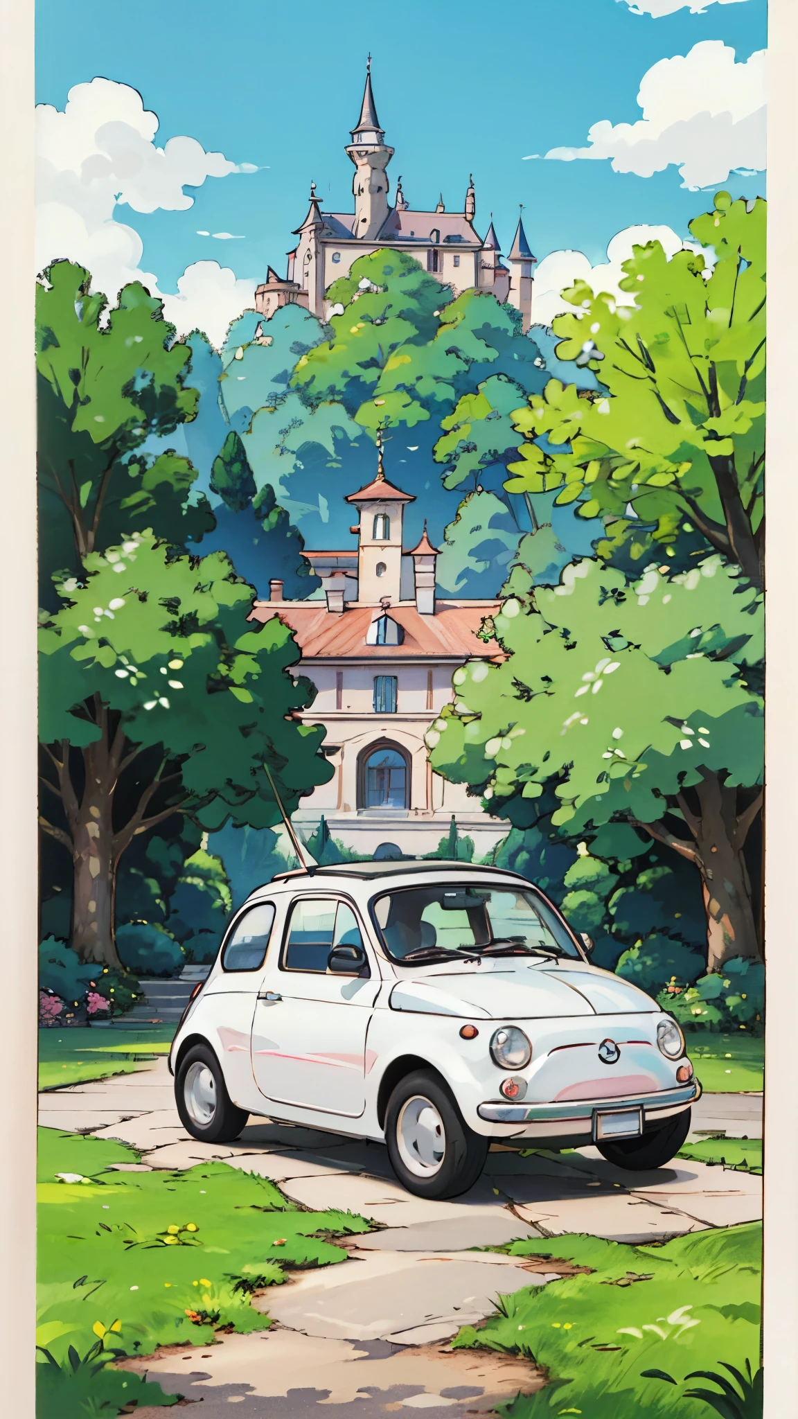 (masterpiece:1.2, Highest quality),(Very detailed),(((Anime Style))),8k,wallpaper,Fiat 500,In the background, the Castle of Cagliostro,(((ghibli style)))