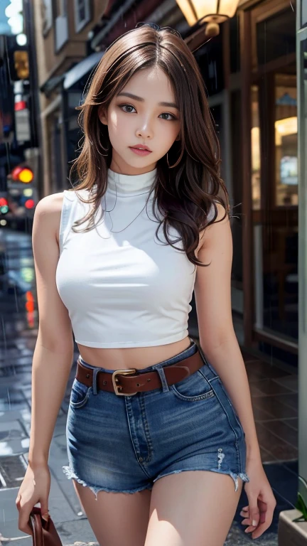 Mariam, Highest quality,(beauty), One Girl,Physically Based Rendering ,Ultra-high resolution,(Cowboy Shot:1.5),Tight waist, skinny, Leona MS , Big Blue Eyes,Long legs,((Sexy Leather Top Sleeveless))、((Jeans Super Mini Shorts)),Leather Belt,,Medium milk beautiful milk、,Slightly puffy eyes, Leather Belt,(Rainy Town), Shiny skin, Face-to-face viewer, I'm looking forward to fighting you、(Holding a silver metallic M92 Beretta pistol)、(Protruding nipples)、((Sexy Leather Top Sleeveless))、(Sexy thighs、((Big eyes、A clean and fresh face))、((Sexy Leather Top Sleeveless))、Beautiful abs are cool、((Sexy short leather pants、Sexy pose))