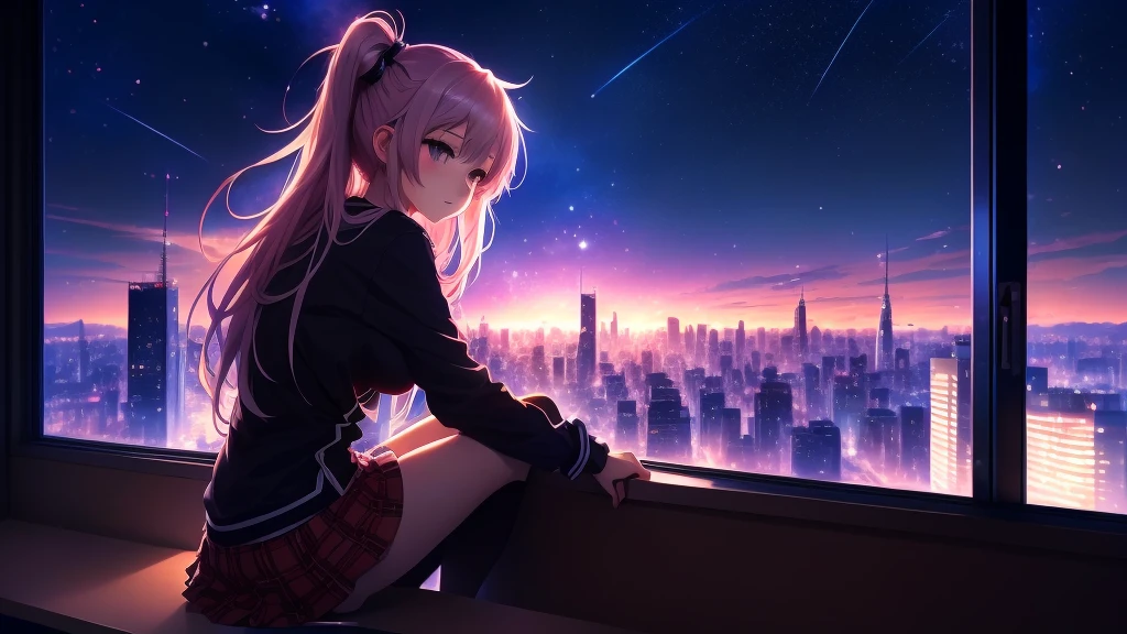 Anime girl sitting on a window sill looking at the city skyline, Nightcore, Anime Style 4k, anime art wallpaper 4k, anime art wallpaper 4k, anime wallpaper 4k, anime wallpaper 4k, 4k anime wallpaper, Anime Art Wallpapers 8K, Ultra HD Anime Wallpaper, Anime atmosphere, Anime Girl Desktop Backgrounds, Anime Background, Anime Aesthetics