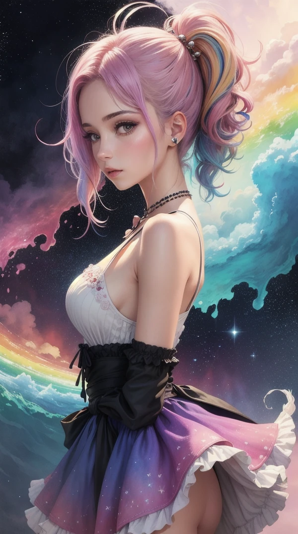 (masterpiece, top quality, best quality,watercolor (medium),official art, beautiful and aesthetic:1.2),(1girl:1.3), (fractal art:1.3),upper body, from side, looking at viewer,patterns,(rainbow color Hair,colorful hair,half blue and half pink hair:1.2),water,liquid, cloud,colorful, starry,stars,