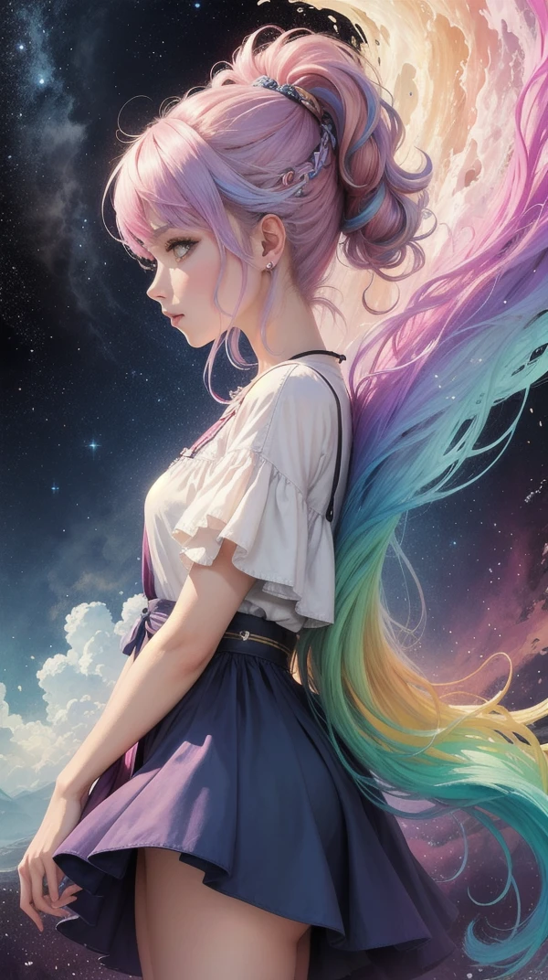 (masterpiece, top quality, best quality,watercolor (medium),official art, beautiful and aesthetic:1.2),(1girl:1.3), (fractal art:1.3),upper body, from side, looking at viewer,patterns,(rainbow color Hair,colorful hair,half blue and half pink hair:1.2),water,liquid, cloud,colorful, starry,stars,