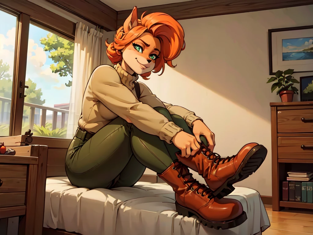 (best quality,4k,8k,highres,masterpiece:1.2),ultra-detailed,realistic:1.37,portrait,anthro bandicoot girl redhead, braided hair, beautiful green eyes, relaxing moment, sexy ,seductive, warm sweater, camouflage pants, army boots, smirking, cozy lighting, vibrant colors , girl anthro , sweater, camouflage pants, army boots, hands to boots