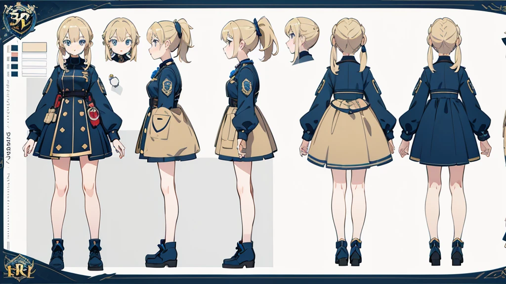 (masterpiece, best quality) police girl ,blonde hair ponytail,blue eye,((character design sheet, same character, full body, 3views, front, side, back))
