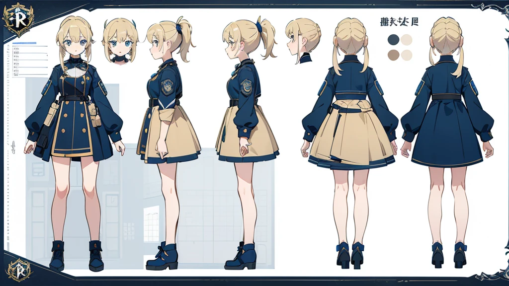 (masterpiece, best quality) police girl ,blonde hair ponytail,blue eye,((character design sheet, same character, full body, 3views, front, side, back))