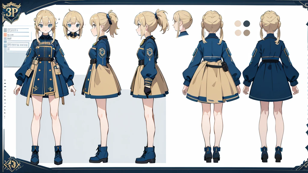 (masterpiece, best quality) police girl ,blonde hair ponytail,blue eye,((character design sheet, same character, full body, 3views, front, side, back))