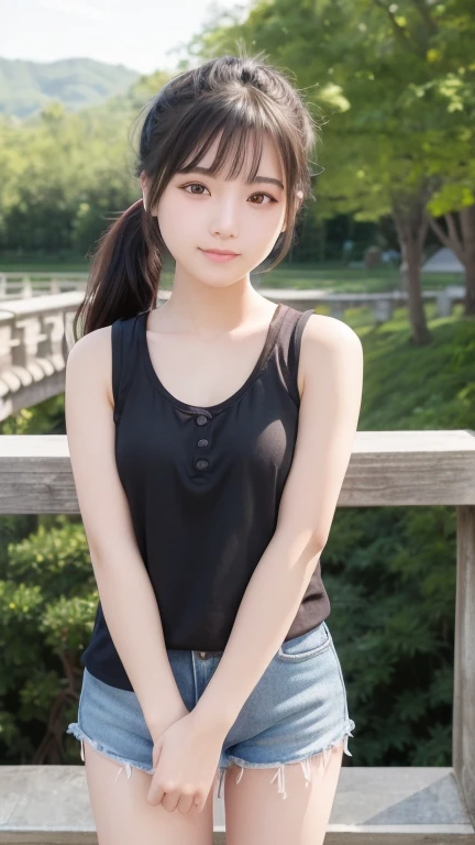 ((Highest quality)), ((masterpiece)), (detailed), 8K,Realistic、High definition、high resolution、Real、(((Two Girls)))、Japanese、Outdoor、blue sky、Are standing、smile、A good friend、Young face、21 years old、Heavy makeup、Sleeveless cute clothes、Shorts、Bend over and peer at me、Looking up、Black Hair、ponytail、