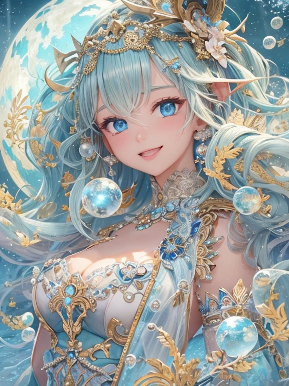 Oceanの女神、((Highest quality)),(Ultra-high resolution),(Very detailed),(Detailed Description),((The best CG)),(masterpiece),Ultra-precise art,(Fantasy art with intricate detail:1.5), Shining World, A kind smile、Ocean, Very detailed, Dynamic English, Cowboy Shot, The most beautiful form of chaos, elegant, Brutalist design, Bright colors, Romanticism, Oceanの泡, bubble, shell, fish, pearl 、Pastel colors, warm and gentle expression