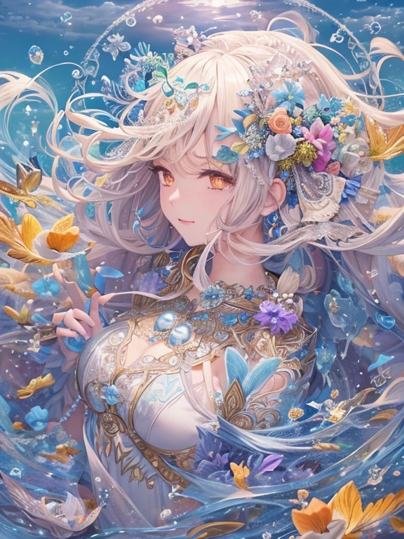 Oceanの女神、((Highest quality)),(Ultra-high resolution),(Very detailed),(Detailed Description),((The best CG)),(masterpiece),Ultra-precise art,(Fantasy art with intricate detail:1.5), Shining World, A kind smile、Ocean, Very detailed, Dynamic English, Cowboy Shot, The most beautiful form of chaos, elegant, Brutalist design, Bright colors, Romanticism, Oceanの泡, bubble, shell, fish, pearl 、Pastel colors, warm and gentle expression