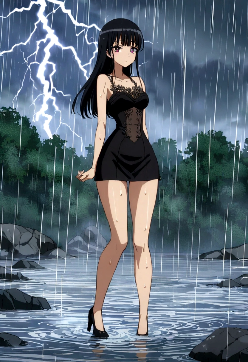 soaked, wet girl with long slender legs, waist-length long, luscious black hair, bangs, wearing short wet black frock, wide hips, narrow waist, sexy, anime, manga, intricate, detailed, stockings, heels, wading though flood, outdoors, rainstorm, rain, storm, lightning, eye pupils, eye highlights