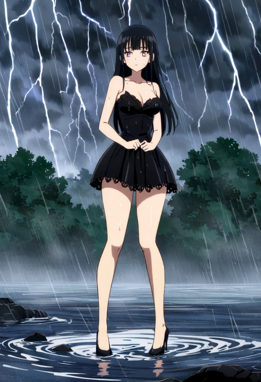 soaked, wet girl with long slender legs, waist-length long, luscious black hair, bangs, wearing short wet black frock, wide hips, narrow waist, sexy, anime, manga, intricate, detailed, stockings, heels, wading though flood, outdoors, rainstorm, rain, storm, lightning, eye pupils, eye highlights