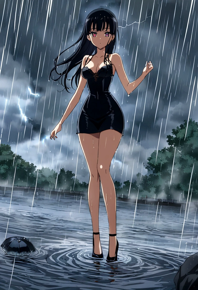 soaked, wet girl with long slender legs, waist-length long, luscious black hair, bangs, wearing short wet black frock, wide hips, narrow waist, sexy, anime, manga, intricate, detailed, stockings, heels, wading though flood, outdoors, rainstorm, rain, storm, lightning, eye pupils, eye highlights