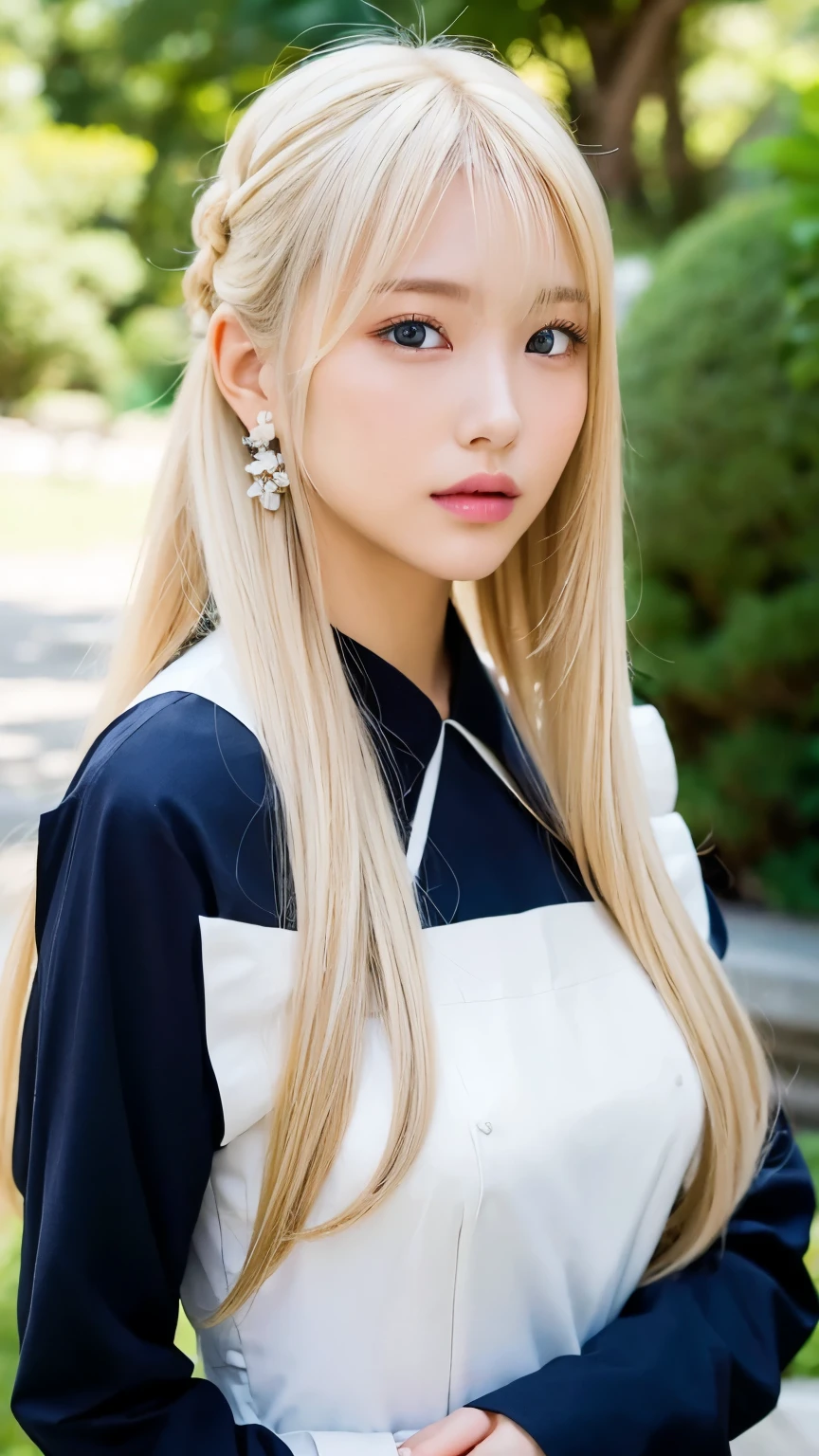 Super long Super long Straight Platinum blonde Silky hair、masterpiece、Highest quality、High resolution、Highly detailed photos、Professional Lighting、(((topless)))、Bangs between the eyes、Hair above the eyes、片Hair above the eyes-顔の髪、Strike a Pose、Sexy maid in the magical forest、Please wear the frill apron only on the lower body.、Portraiture、Bright expression、like々White, radiant skin、Best Looks、Blonde reflection、Platinum blonde hair with dazzling highlights、Bright and shiny hair,、Super long straight hair、beautiful shiny bangs、Sparkling, clear, Attractive big blue eyes、so beautiful, A cute and adorable 15-year-old girl.、Bust of a Rich Man、ponytail、Cowboy Shot、Realistic