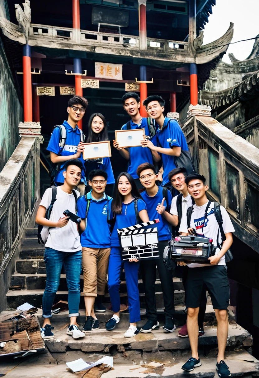 5 Chinese college students，One with a clapperboard，One with a camera，One takes the recording，Standing on a dilapidated staircase，Staggered，台阶两旁是Chinese建筑，Chinese