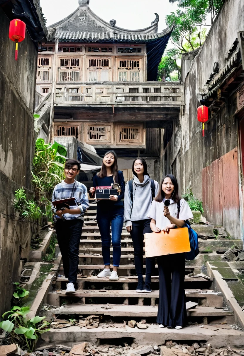 5 Chinese college students，One with a clapperboard，One with a camera，One takes the recording，Standing on a dilapidated staircase，Staggered，台阶两旁是Chinese建筑，Chinese