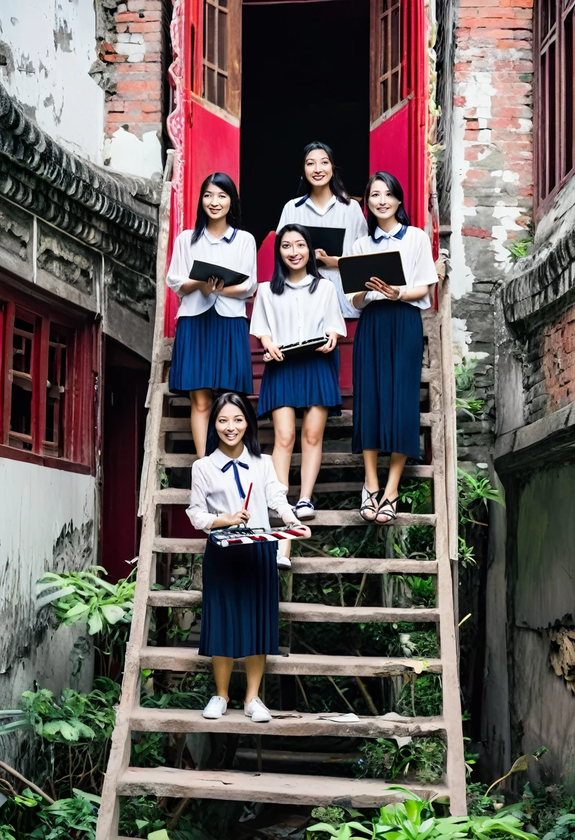 5 Chinese college students，One with a clapperboard，One with a camera，One takes the recording，Standing on a dilapidated staircase，Staggered，台阶两旁是Chinese建筑，Chinese