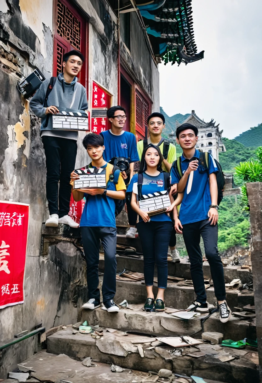 5 Chinese college students，One with a clapperboard，One with a camera，One takes the recording，Standing on a dilapidated staircase，Staggered，台阶两旁是Chinese建筑，Chinese