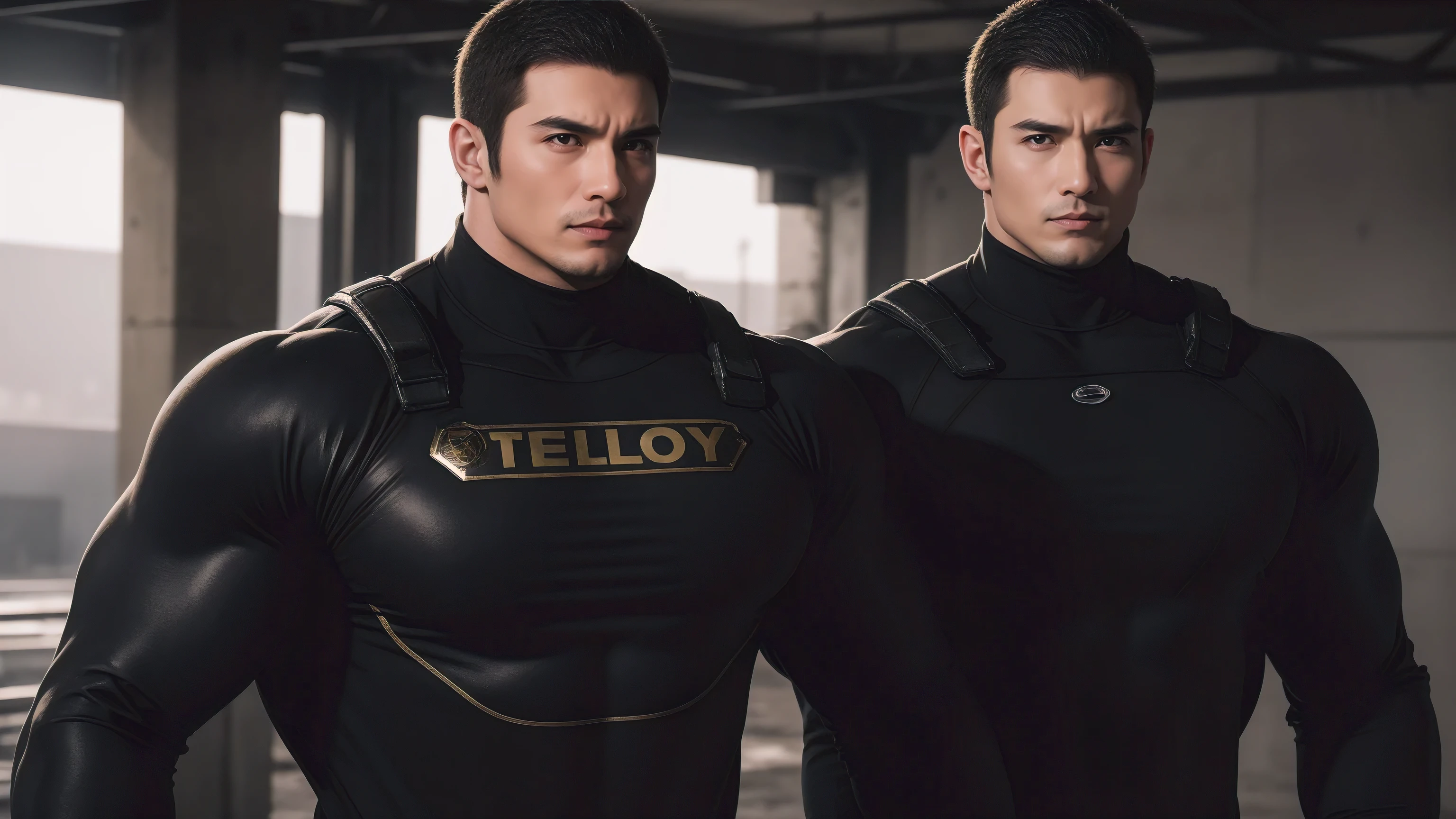 Super muscular man hugging, Sad eyes,Wear sunglasses,They embrace affectionately,short hair,On a vintage outdoor street under the hot sun, Wear long sleeves, Deep turtleneck bodysuit, Thickened warm elastic texture,The clothes are dirty,There are mud stains,Looks sad, Thick thighs, messy hair, Thick thighs, High target-necked long-sleeved dark yellow high-necked tights, very tight, Regular symmetrical pattern, High targetlight muscles, Police uniform pants, character concept(Resident Evil - chris redfield, chris redfield)A proud expression, Deep and charming eyes, Valiant male pose, tall Burly, muscular!muscular thighs, Tough Guy, Perfect facial features, High target, Burly, Heqiang, Super exquisite and cool, High target Resolution Committee, Attractive, The sun is blazing, Dazzling