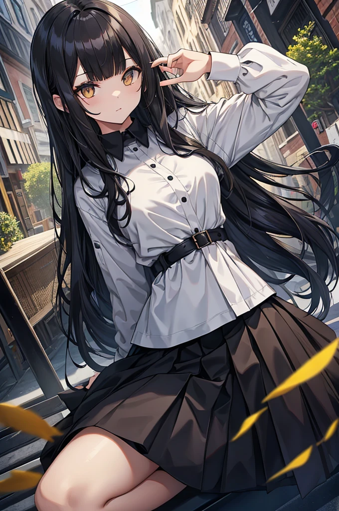 girl with long straight black hair, long bangs, golden eyes, slim and , short, wearing a white long-sleeved shirt, long black skirt