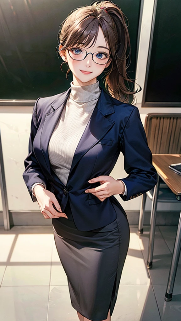 (masterpiece:1.2, Highest quality), (Realistic, photoRealistic:1.4), Beautiful illustrations, (Natural Side Lighting, Cinema Lighting), Browsing Caution,
View your viewers, Cowboy Shot, Front view:0.6, 1 Girl, Japanese, teacher, Perfect Face, Cute and symmetrical face, Shiny skin,
(Long Hair:1.2, ponytail:1.2, amount, Side Lock, Light brown hair), blue eyes, Long eyelashes, (Large Breasts:0.8),
Beautiful Hair, Beautiful Face, Beautiful attention to detail, Beautiful clavicle, Beautiful body, Beautiful breasts, Beautiful thighs, Beautiful feet, Beautiful fingers,
((Detailed cloth texture, (Dark grey business suit jacket), Lavender turtleneck, Dark Grey Pencil Skirt, High heels), Wayfarer Glasses),
(Beautiful views), evening, classroom, School, Are standing, (elegant, smile, Upward glance),