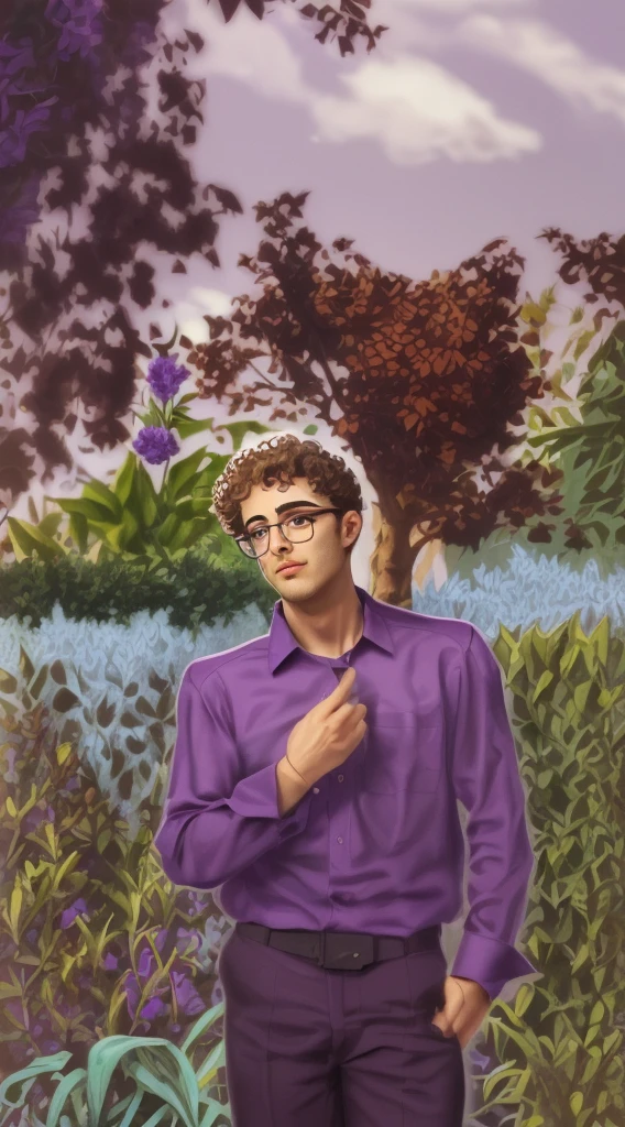 man, curly hair, glasses, purple shirt