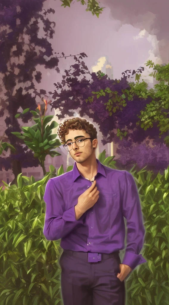 man, curly hair, glasses, purple shirt