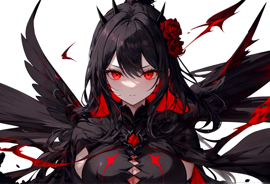 a silhouette of a vague presence, bright white eyes, red background, all black spikes hair, a silhouette of a vague presence, Fully white glowing eyes, red background, all black spikes，red rose，Fire  butterflys, sexy