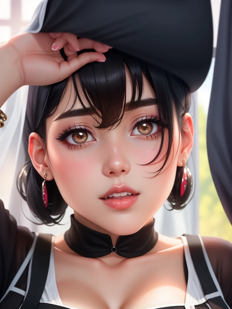 1girl, black_hair, breasts, cleavage, curtains, earrings, front-tie_top, jewelry, large_breasts, lips, looking_at_viewer, shirt, solo, tied_shirt, upper_body, white_shirt