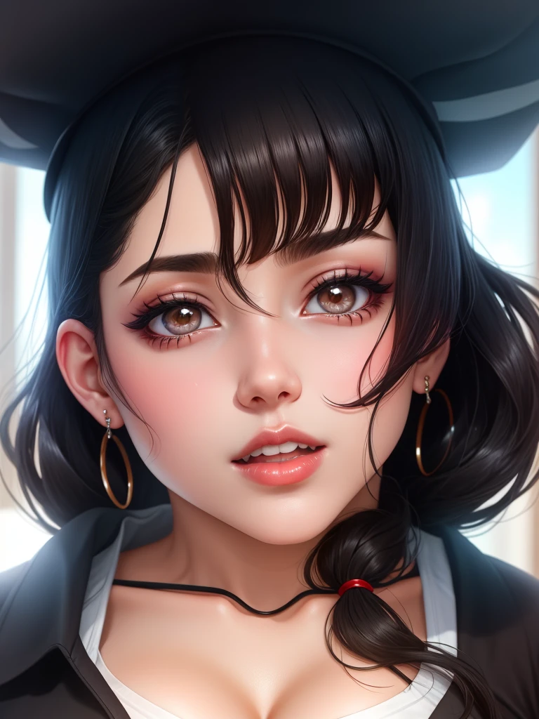 1girl, black_hair, breasts, cleavage, curtains, earrings, front-tie_top, jewelry, large_breasts, lips, looking_at_viewer, shirt, solo, tied_shirt, upper_body, white_shirt