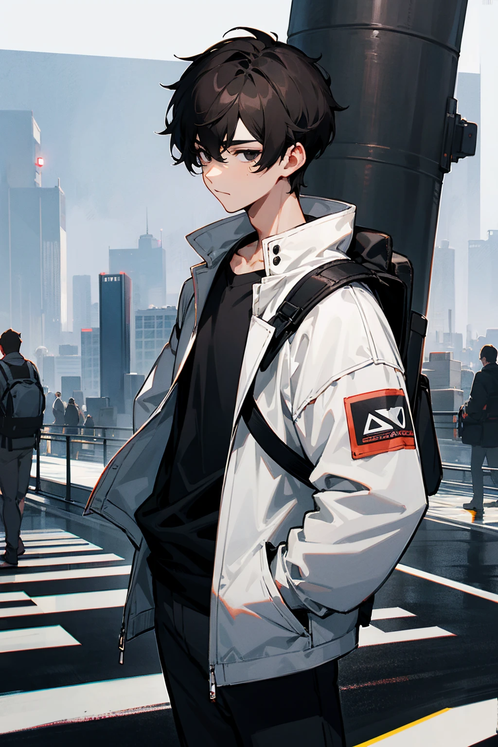 1male, dark hair, black eyes, nonchalant, white jacket, black shirt, baby tiger on shoulder, backpack, companion, city background, detailed background, hands to side, standing on path