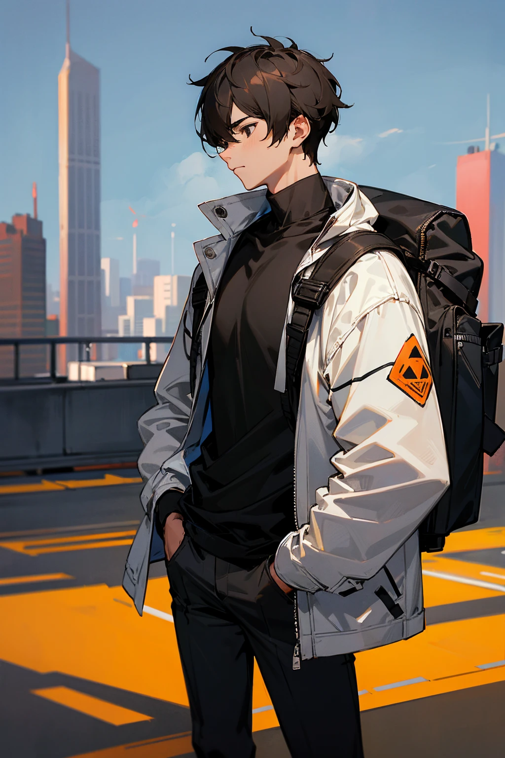 1male, dark hair, black eyes, nonchalant, white jacket, black shirt, baby tiger on shoulder, backpack, companion, city background, detailed background, hands to side, standing on path