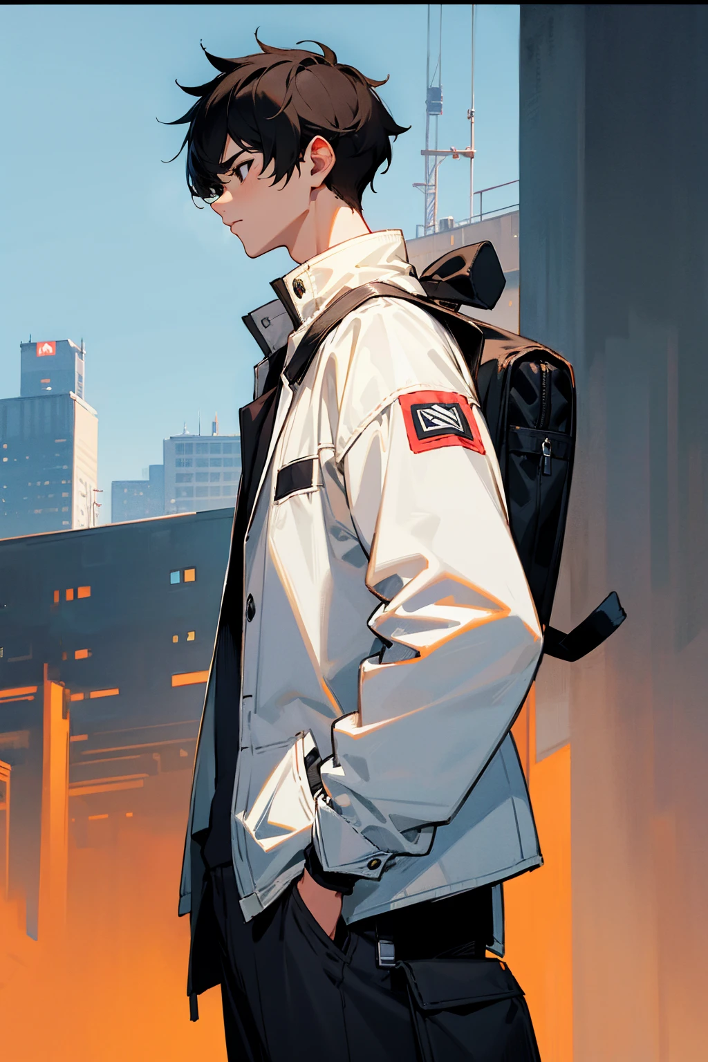 1male, dark hair, black eyes, nonchalant, white jacket, black shirt, baby tiger on shoulder, backpack, companion, city background, detailed background, hands to side, standing on path