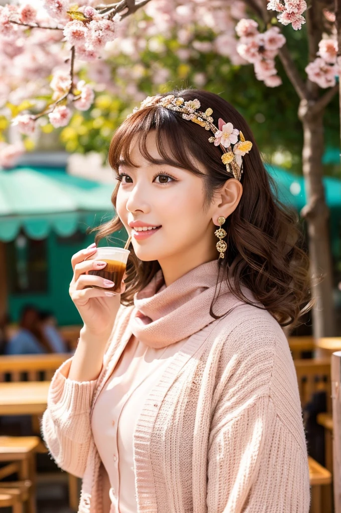Family restaurant parking lot, full-time housewife, ((full body)), ((photo)), ((best qualtiy, 8K, tmasterpiece:1.3)), Focus:1.2, perfect figure beautiful girl:1.4, 1girl, cowboy shot, look at viewer, incredibly absurd, beautiful and cute girl with a photorealistic face, showcasing top-quality craftsmanship, Japanese woman eating at a family restaurant, 21 years old, medium-long brown hair, parted in the middle with curls at the ends, bangs cut above the eyes, naturally rounded hairline, large chocolate brown eyes, long eyelashes, cherry blossom lips, slightly high nose, oval face, fine skin, plump cheeks, soft chin, gentle smile, glamorous, fair skin, large buttocks, beautiful D-cup breasts, beige dress, pink cardigan, floral scarf, earrings, hair accessory, pretty older woman, beautiful, glamorous, gentle, attentive, passionate, curious, loves to talk, September