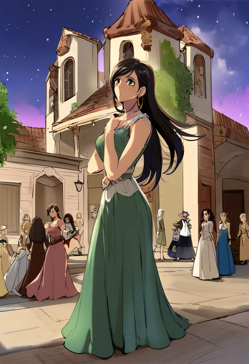 tifa lockhart, estilo mksks, (Antecedentes muy detallados:1.0), (fondo muy detallado:1.0), final fantasy vii remake, (ojos rojos), 1 chica, hombros descubiertos, Vestido aguamarina, pelo negro, vestido verde, sin mangas dress , vestido de verano, casa, pelo largo, noche, noche cielo, boca abierta, al aire libre, cola de caballo, session, cielo, sin mangas, sin mangas dress, estrella (cielo), estrellary cielo, ciudad, envejecido, senos grandes, ((volantes blancos)), (Vestido blanco),