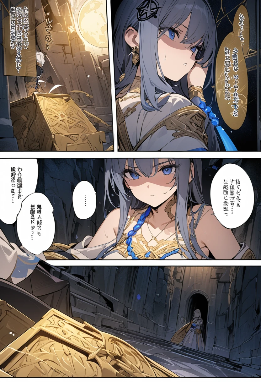 "((highest quality)), ((masterpiece)), (detailed), a tomb closed and sealed by blue chains and with some pentagram on the moon a high quality gold tomb Comic ebook storyboard three comic panels 4k