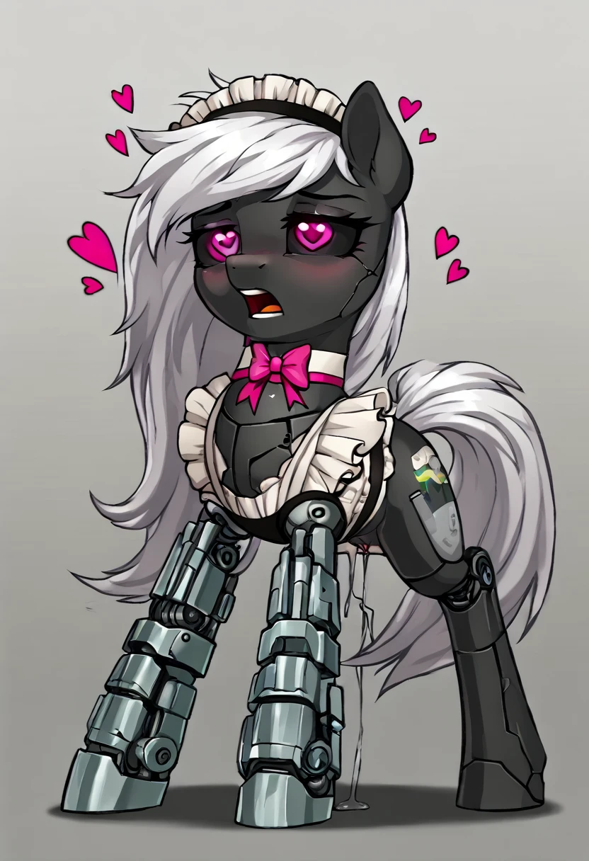 Earth pony, white mane,light blue cybernetic eyes, cybernetic body,black sclera ,black body color  long mane ,pony moaning drolling ,horny pink heart eyes  maid outfit  dripping pussy ,