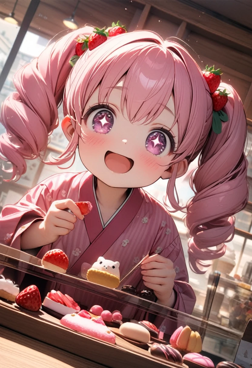 (8K, best quality, master piece: 1.2), super high resolution,1girl,8yo,ultra-detailed face, detailed eyes,sparkling eyes,very long twintails,pink hair,curly hair,strawberry decoration hair accessories,pink eyes, small girl of small stature,cute,strawberry decoration pink yukata,(holding a Strawberry topping Daifuku mochi),happy,open mouth,Dutch Angle,Rim Light,There is a table in front of her,Next to it is a display window with a selection of Japanese sweets.,Inside the café