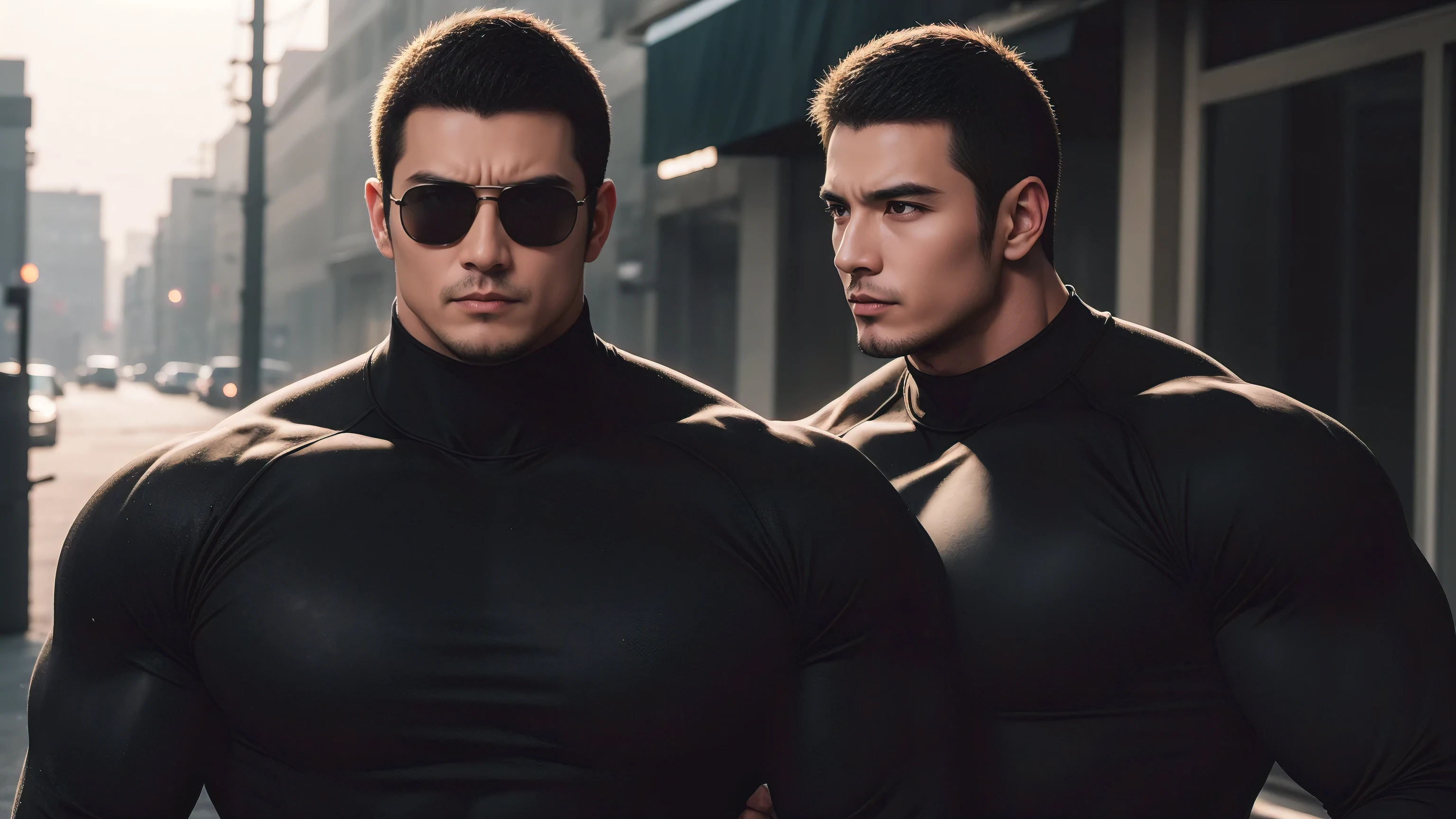Super muscular man hugging,  Sad eyes，Wear sunglasses，They embrace affectionately，short hair，On a vintage outdoor street under the hot sun, Wear long sleeves, Deep turtleneck bodysuit, Thickened warm elastic texture，The clothes are dirty，There are mud stains，Looks sad, Thick thighs, messy hair, Thick thighs, High target-necked long-sleeved dark yellow high-necked tights, very tight, Regular symmetrical pattern, High targetlight muscles, Police uniform pants, character concept（Resident Evil - chris redfield, chris redfield）A proud expression, Deep and charming eyes, Valiant male pose, tall Burly, muscular！muscular thighs, Tough Guy, Perfect facial features, High target, Burly, Heqiang, Super exquisite and cool, High target Resolution Committee, Attractive, The sun is blazing, Dazzling