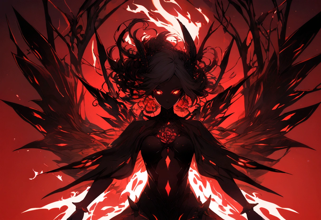 a silhouette of a vague presence, bright white eyes, red background, all black spikes hair, a silhouette of a vague presence, Fully white glowing eyes, red background, all black spikes,red rose,Fire butterflys, sexy